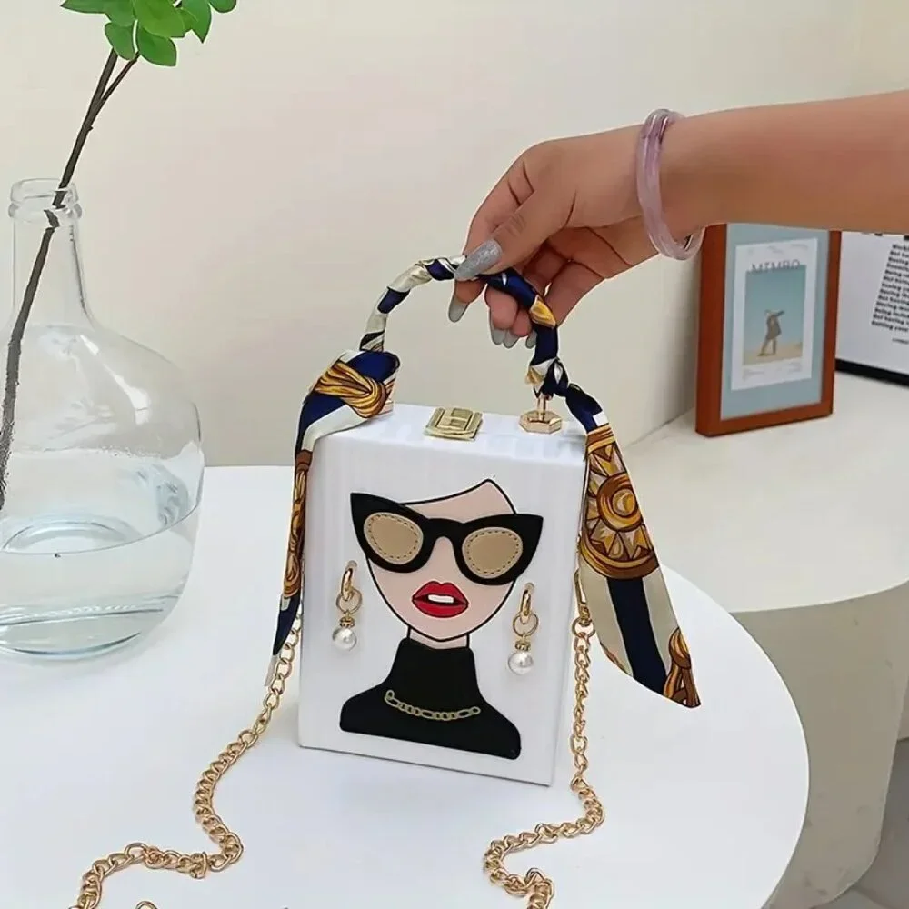Fashion Lady Face Trendy Box Handbag for Women w/Pearl Earrings, Scarf Handle - Picture 3 of 16